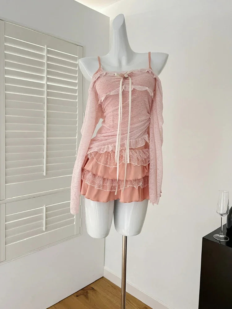Korean Sexy Fashion Elegant 2 Piece Set Women Bow Lace Tops+Slim Fit Chic Dress.