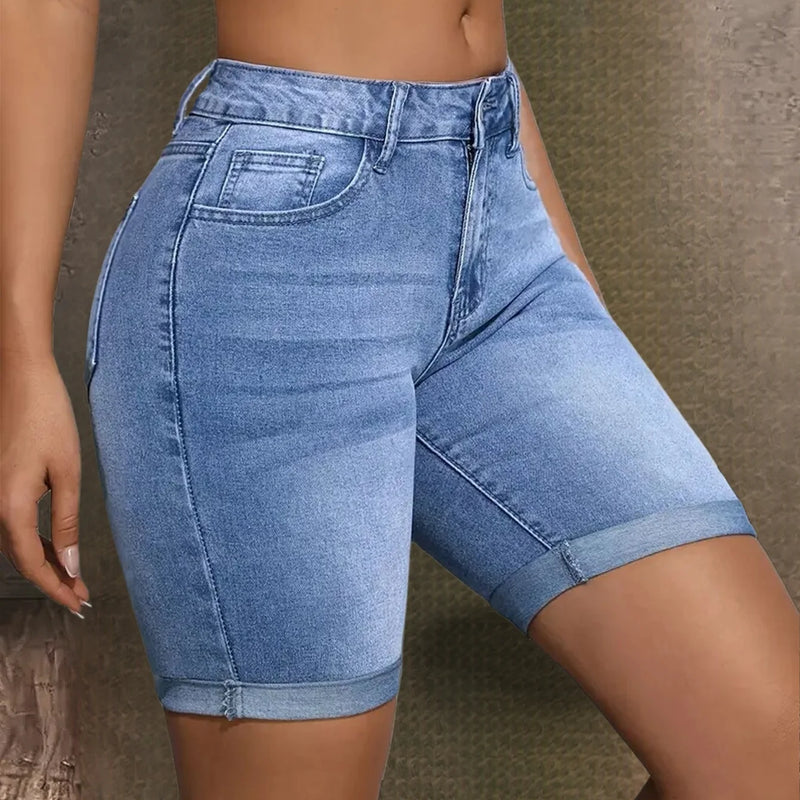 Women's Mid Rise Stretchy Denim Bermuda Shorts.