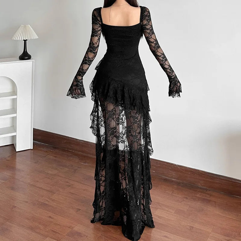 Women’s Goth Dark Fairycore Lace Flare Sleeve Square Neck A-line Dress.