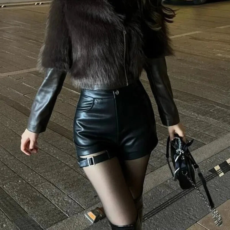 Leather High Waist Casual Shorts Plus Velvet Women Button Solid Hollow.