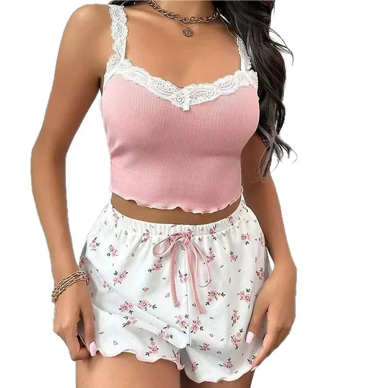 Women 2psc Pajama Set Pink Lace Patchwork V-Neck Sleepwear Sexy.