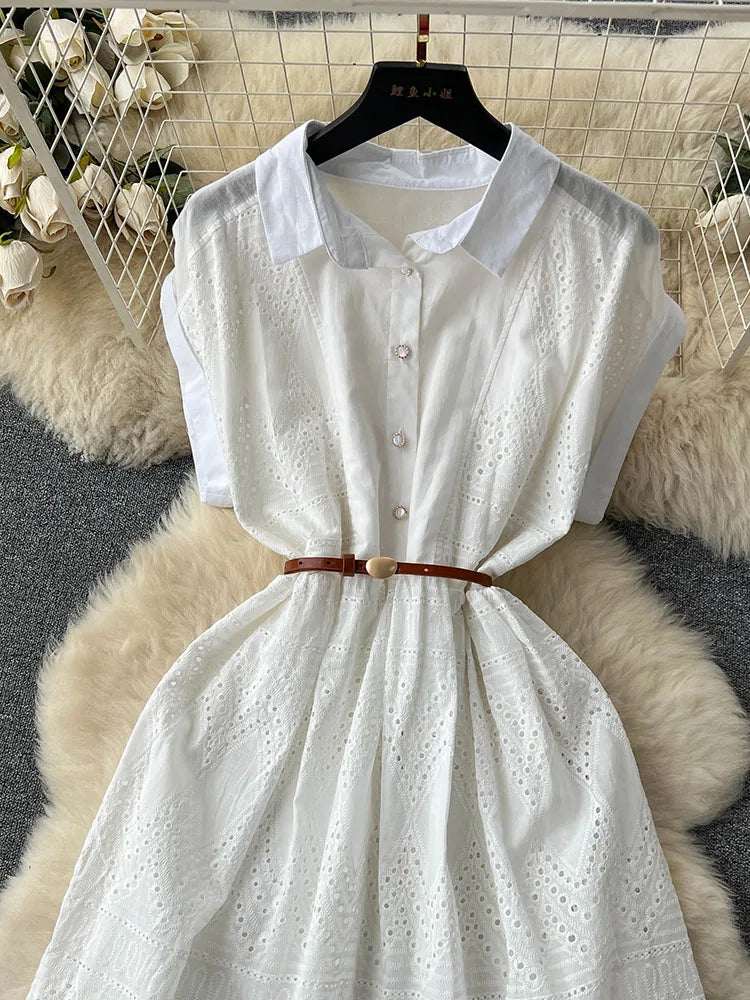 Women Summer Dress Loose Breasted Lace Up Long Dress.