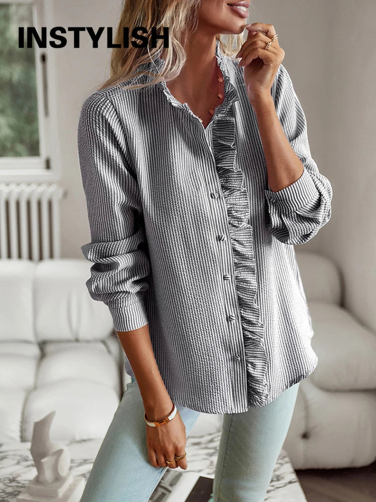 Women's Shirt Elegant Long Sleeve Ruched Stand Neck Office Lady Blouse.