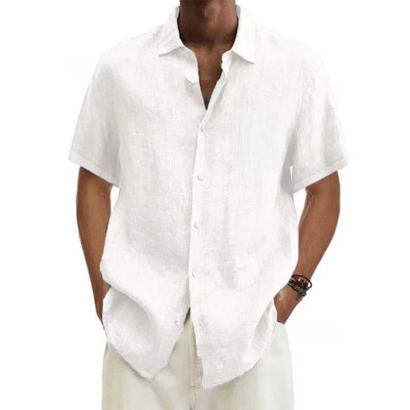men Cotton Linen Hot Sale Men's Short-Sleeved Shirts Summer Solid Color.