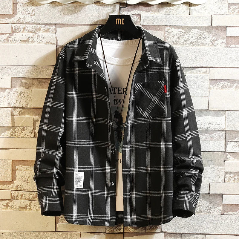 Summer Men's Plaid Shirt Button Pocket Casual Fashion Elegant Long sleeve.