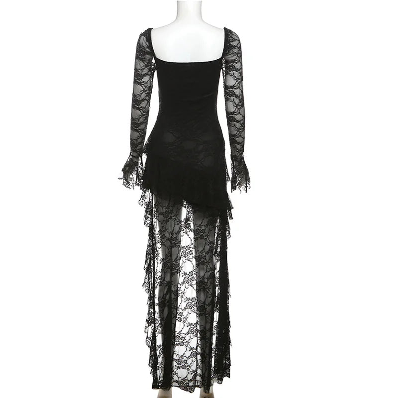 Women’s Goth Dark Fairycore Lace Flare Sleeve Square Neck A-line Dress.
