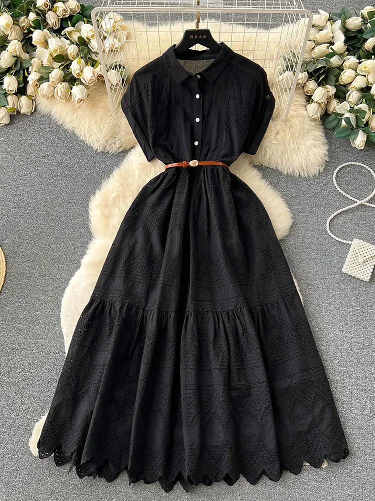 Women Summer Dress Loose Breasted Lace Up Long Dress.