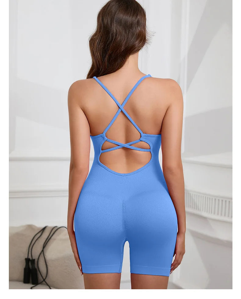 Sexy Seamless Peach Hip Yoga Jumpsuit - Quick-Dry, Stretchy Knit Fabric.