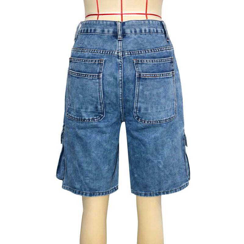 Fashion Pockets Women Acid Wash Cargo Denim Shorts.