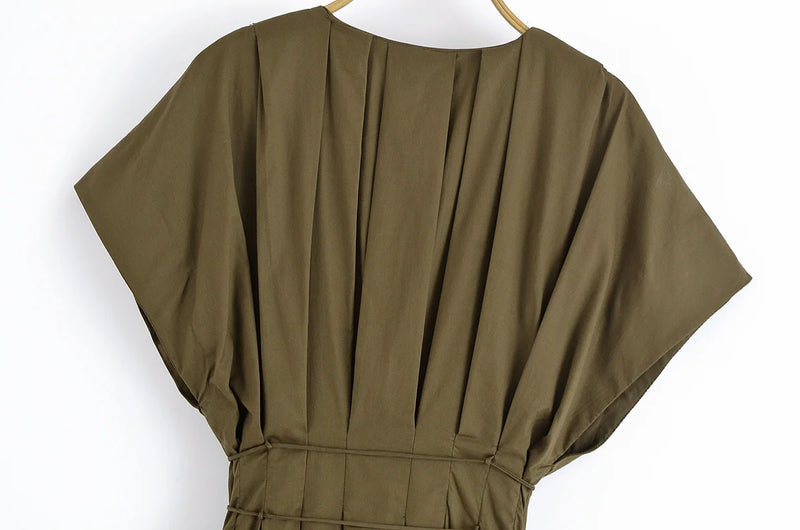 Women's New Fashion V-neck Pleated Down Shoulder Short Sleeve Midi Dress.