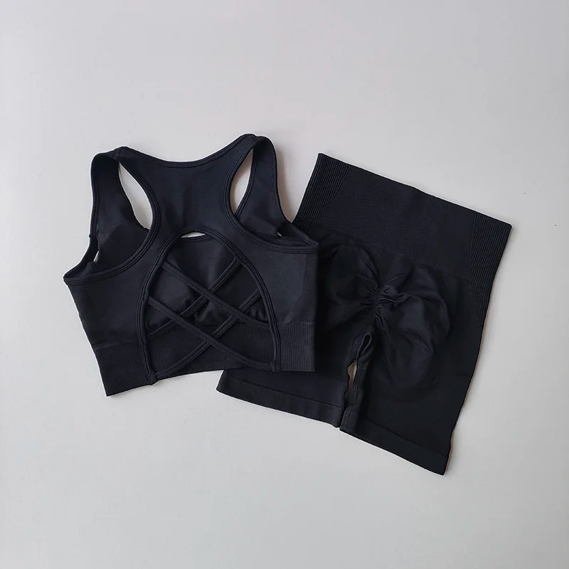 2 PCS Women's Seamless Yoga Set Sexy Sport Bra High Waist Sports Shorts.