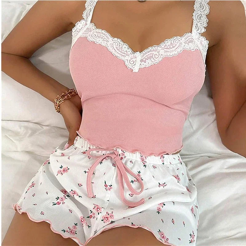 Women's Pyjamas Two-Piece Summer Ribbed Knitted Flower Print.