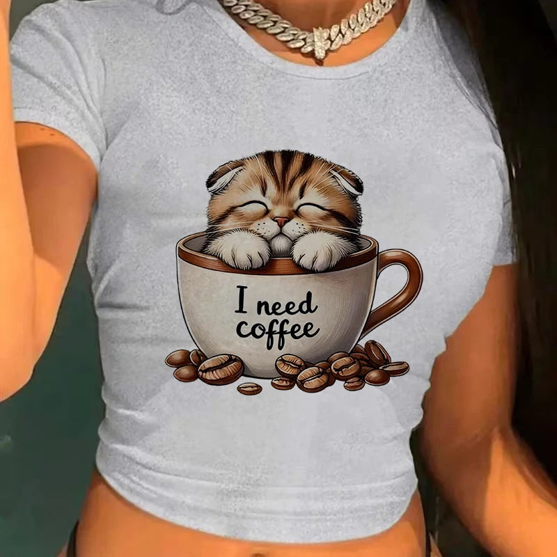 Funny Cat and Coffee Print Sexy Crop Tops for Woman Crew Neck Short Sleeve.