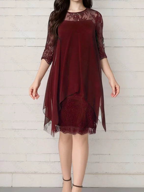 Plus Size Female Dresses Lace Patchwork Asymmetric Hem Loose Waist Three-quarter.