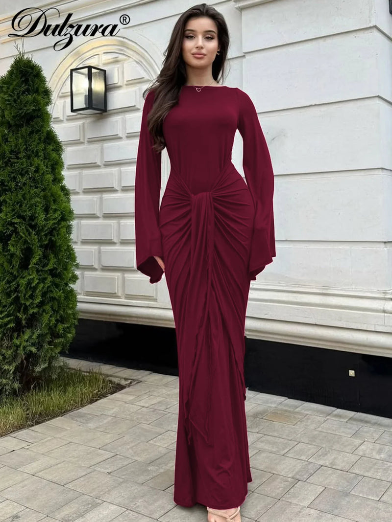 Dulzura Autumn Fashion Elegant O-Neck Long Flare Sleeve Ruched Slim Fit Ribbon.