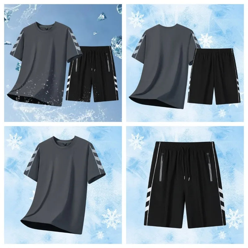 Summer Men's Outdoor Running Fitness Short Sleeved Shorts Ice Silk Set.