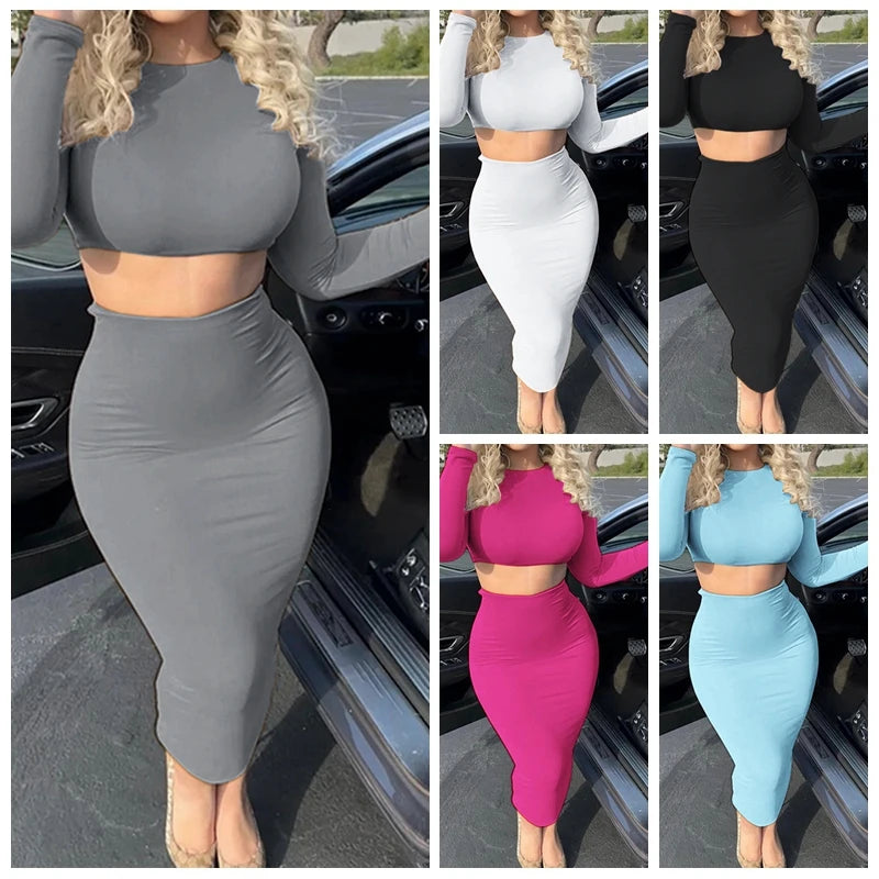 Womens Dress Sets Long Sleeve Crop Tops And Mid Calf Skirt Suit Fashion 2PCS.