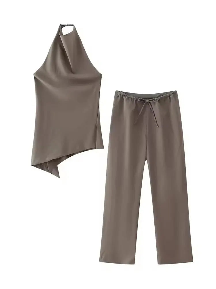 Womens Luxury Satin Two Piece Set Halter Neck Asymmetrical Top And Wide Leg Pant.