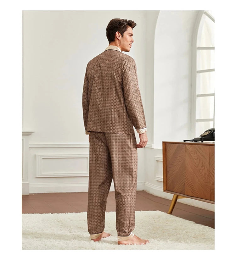 High Quality Pajamas Set Men Spring Autumn Thin Polyester Ice Silk Long-sleeved Sleepwear.