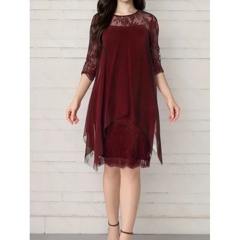 Plus Size Female Dresses Lace Patchwork Asymmetric Hem Loose Waist Three-quarter.