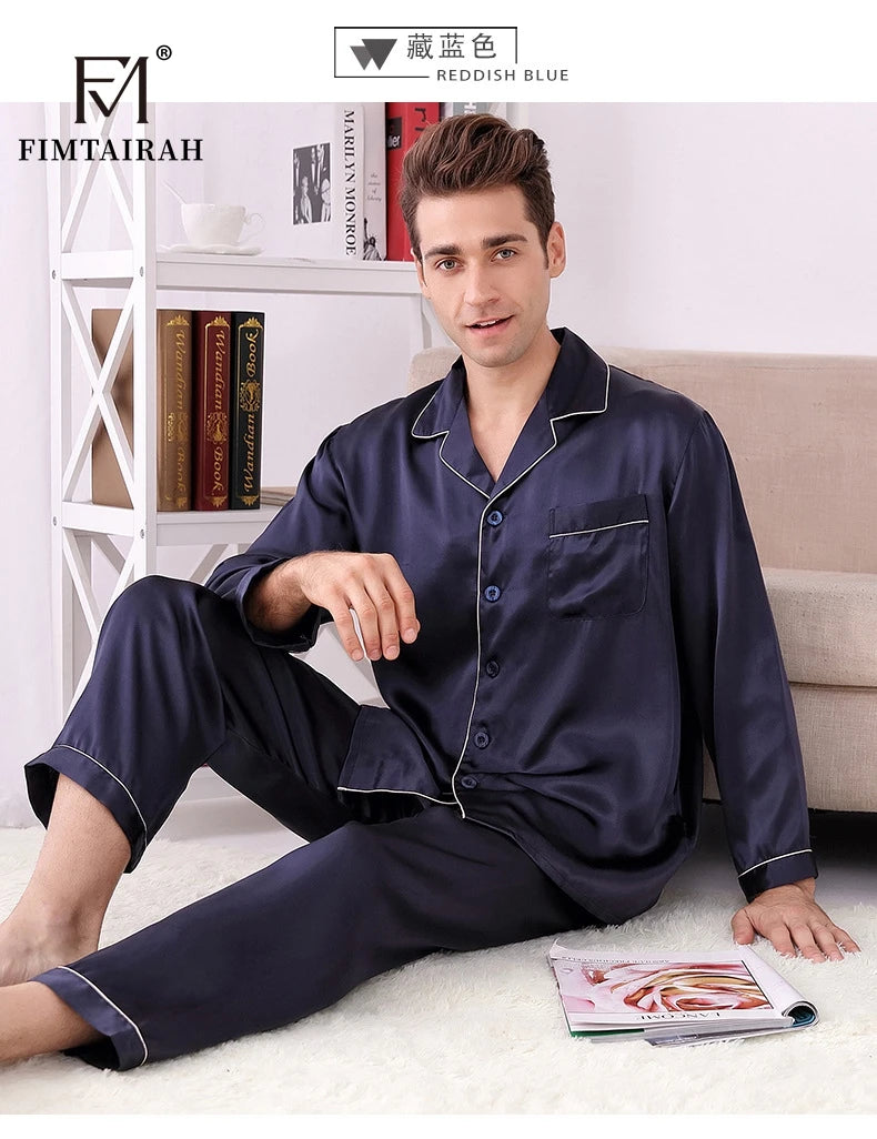 Men's Two Sets Sleepwear Summer Soft Long Sleeve  Home Wear  Mulberry Silk Pijimas.