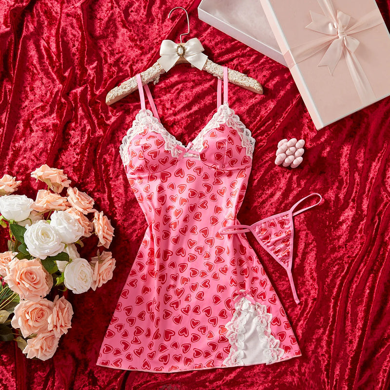 Side Slip Leopard Dress Women Lace Nightwear Sling Sleepdress.