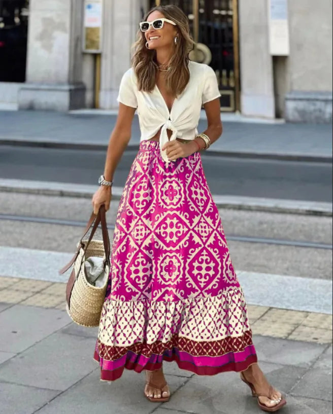 Women's Elastic Waist Printed Large Swing Skirt, Boho Spliced Midi Skirt.