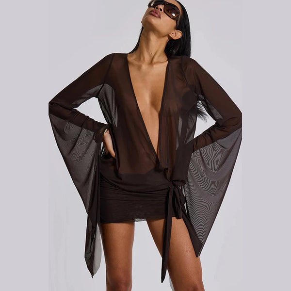 Women’s Mesh Irregular  Mini Dress Sexy See Through Chic.