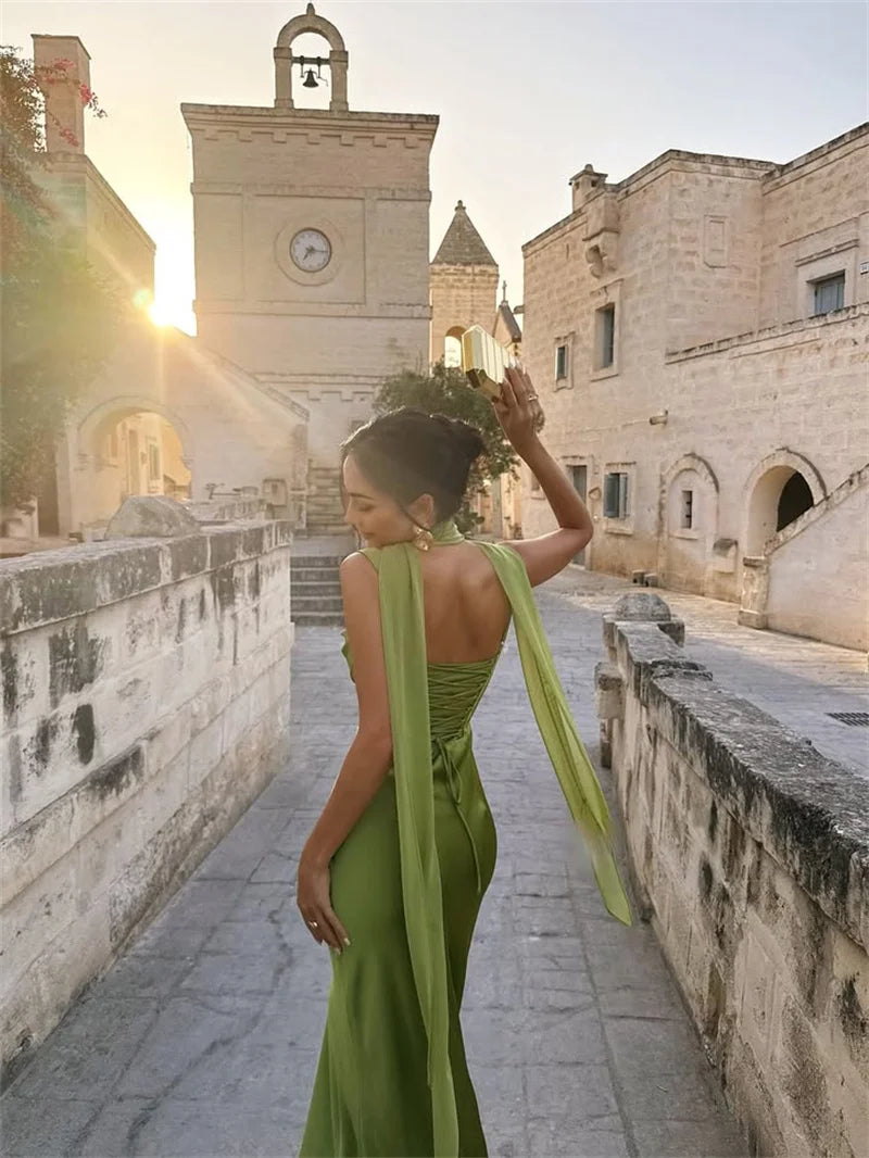 Mozision Satin Backless Sexy Maxi Dress Women Elegant.