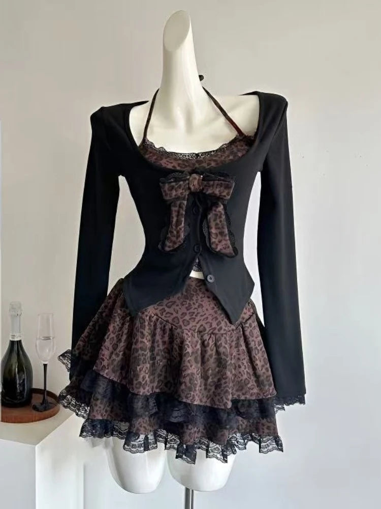Korean Sexy Fashion Elegant 2 Piece Set Women Bow Lace Tops+Slim Fit Chic Dress.
