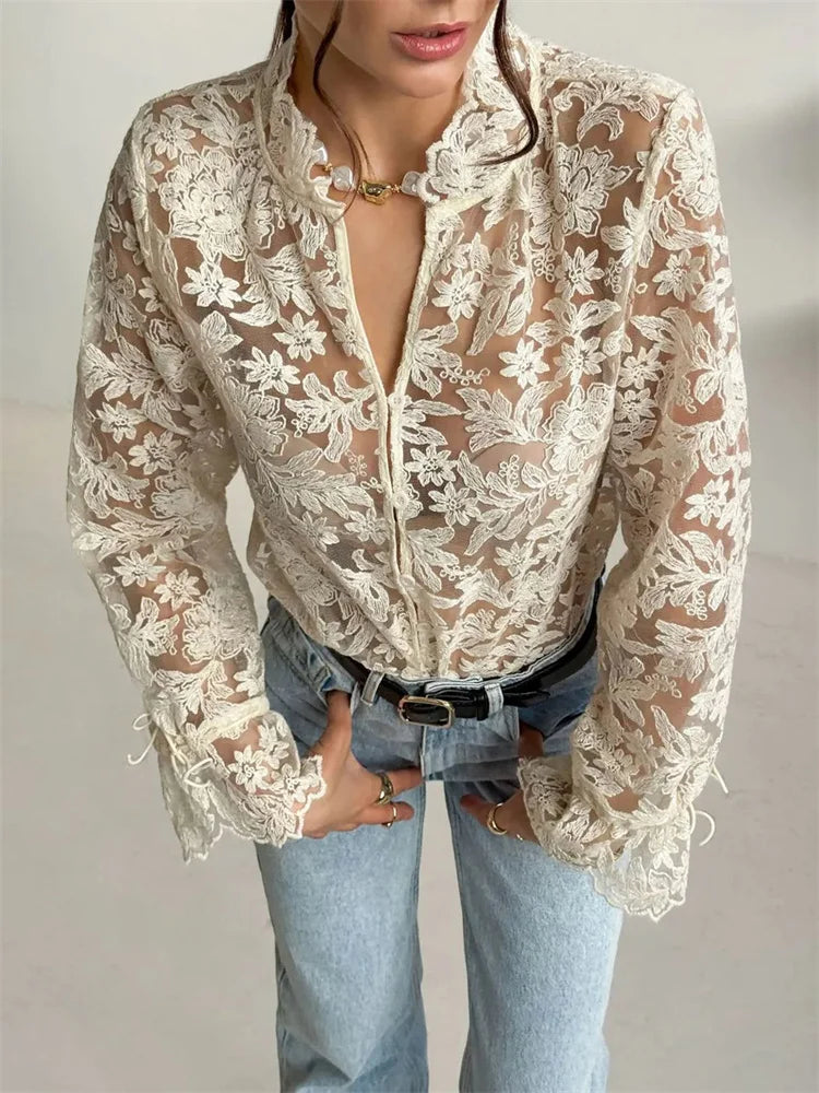 Tossy Sexy Lace Hollow Out Shirts Women Printed Casual See-Through.