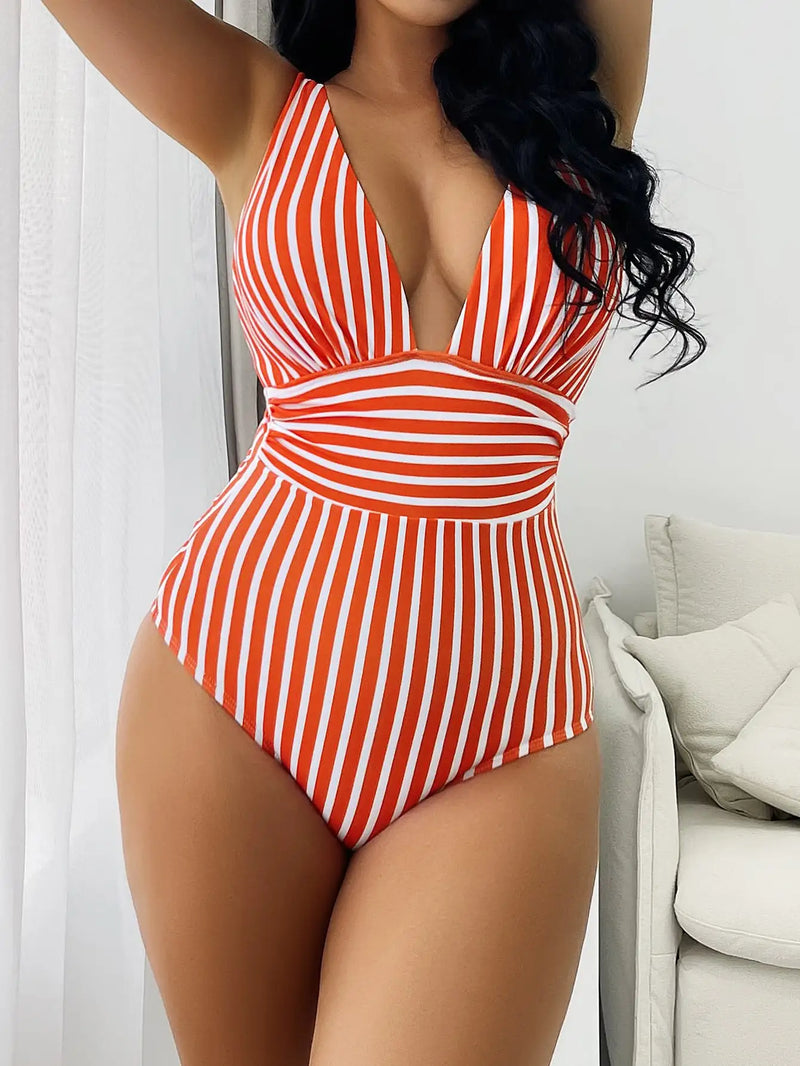 Striped One Piece Swimsuit Sexy Swimwear Women V-neck Bathing Swimming.