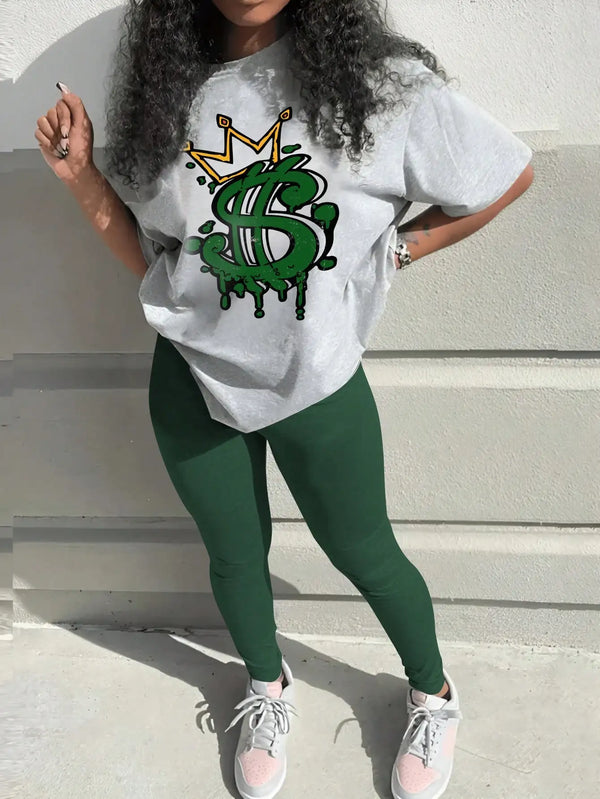Crown Letter Print Pants Set Y2K Summer Round Neck Graphic Short Sleeve.