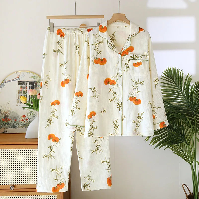 Women's Pajama SetCotton Crepe Cute Love Long Sleeve Long Pants.