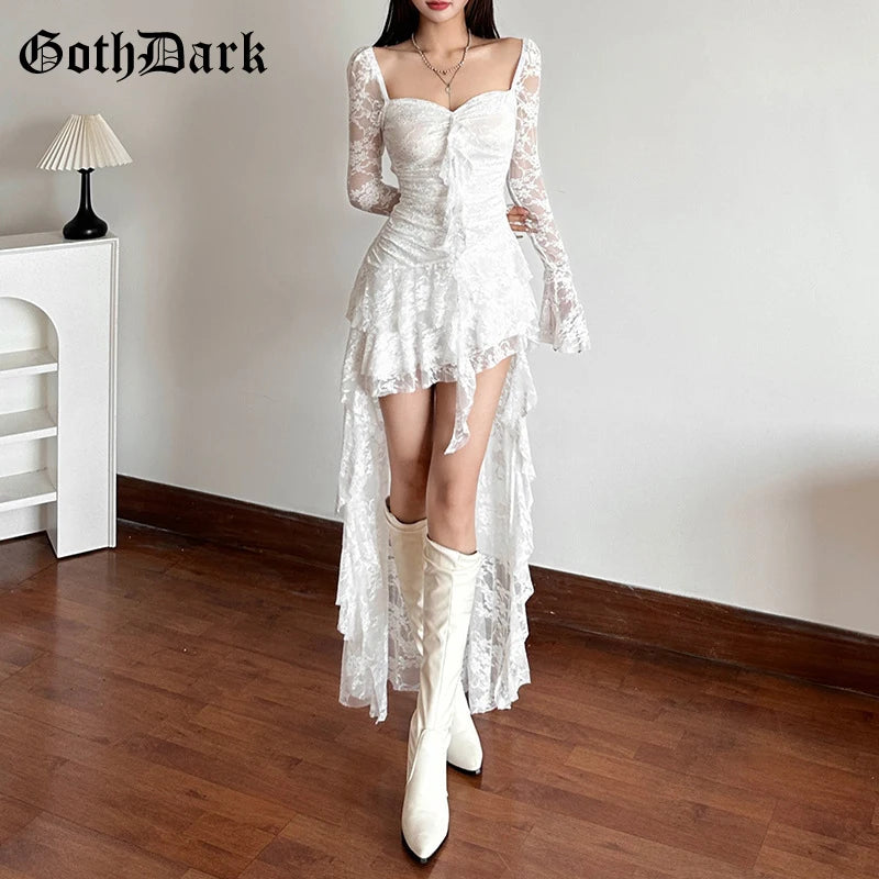Women’s Goth Dark Fairycore Lace Flare Sleeve Square Neck A-line Dress.