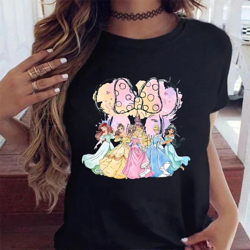 Fashion Disney Princess Printed T Shirt Watercolor Magic Castle Princess Women.