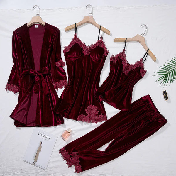 TOP Casual Velour Home Clothing 4pcs Sleep Set Intimate Lingerie Women Pajamas.