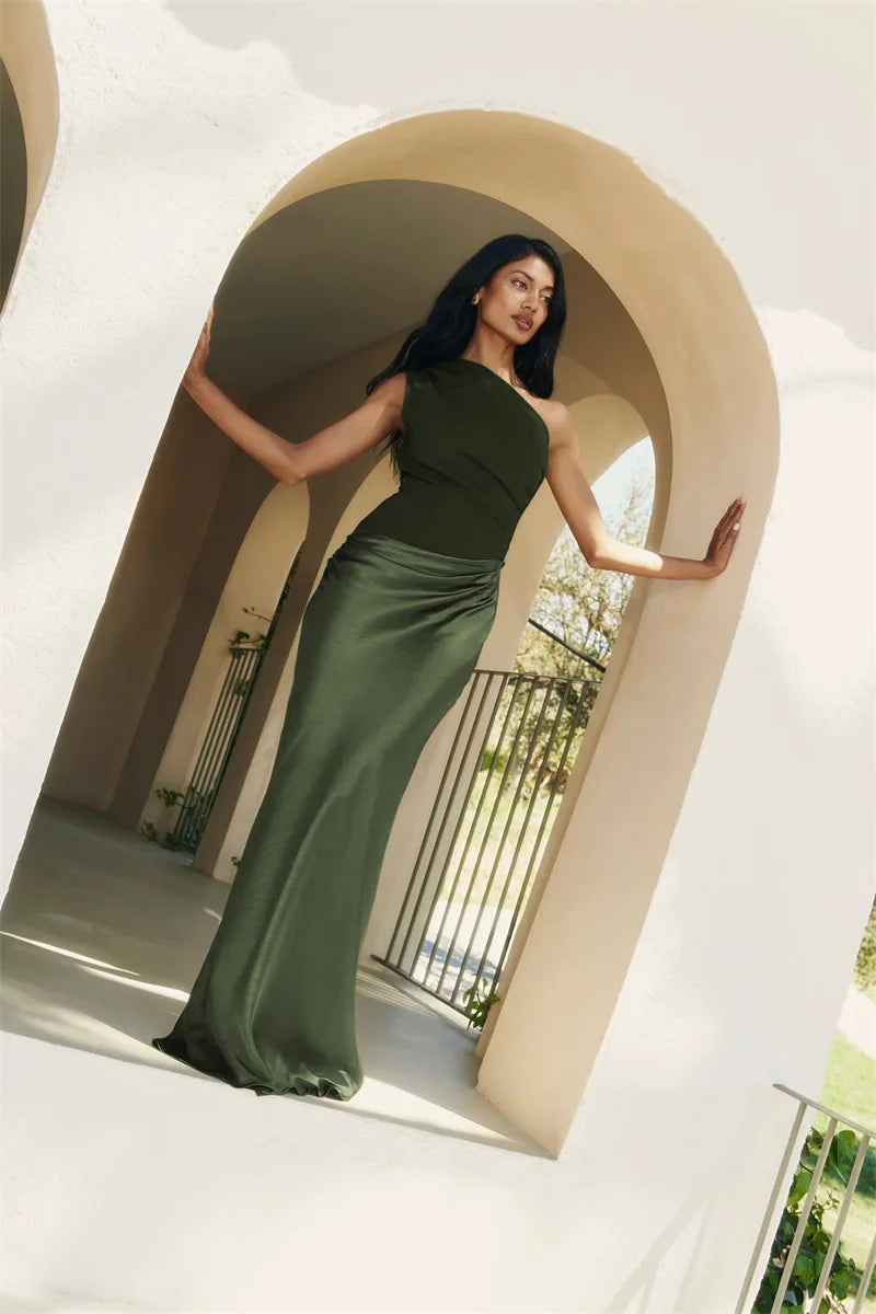 Women’s Mozision Satin Inclined Shoulder Sexy Maxi Dress.
