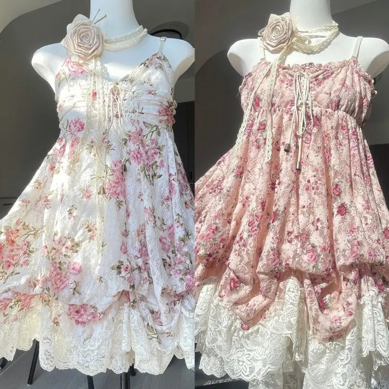 Women’s  Sweet Kawaii Y2k Min Dress Lolita Cute Sleeveless Floral Dress.