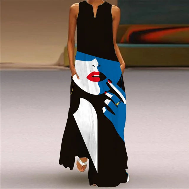 3D Floral Printed Dress Summer Vintage V-neck Sleeveless Loose Maxi Dress Elegant.