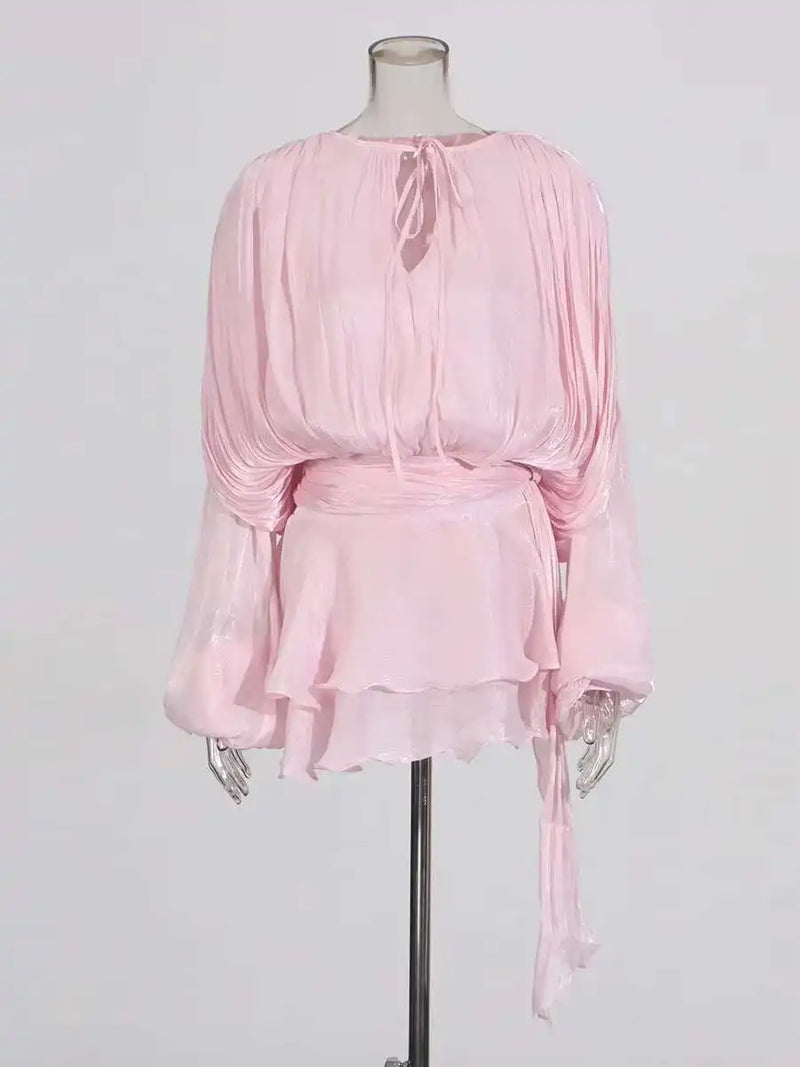 TWOTWINSTYLE Solid Blouse Mini Dresses For Women V Neck Long Sleeve.