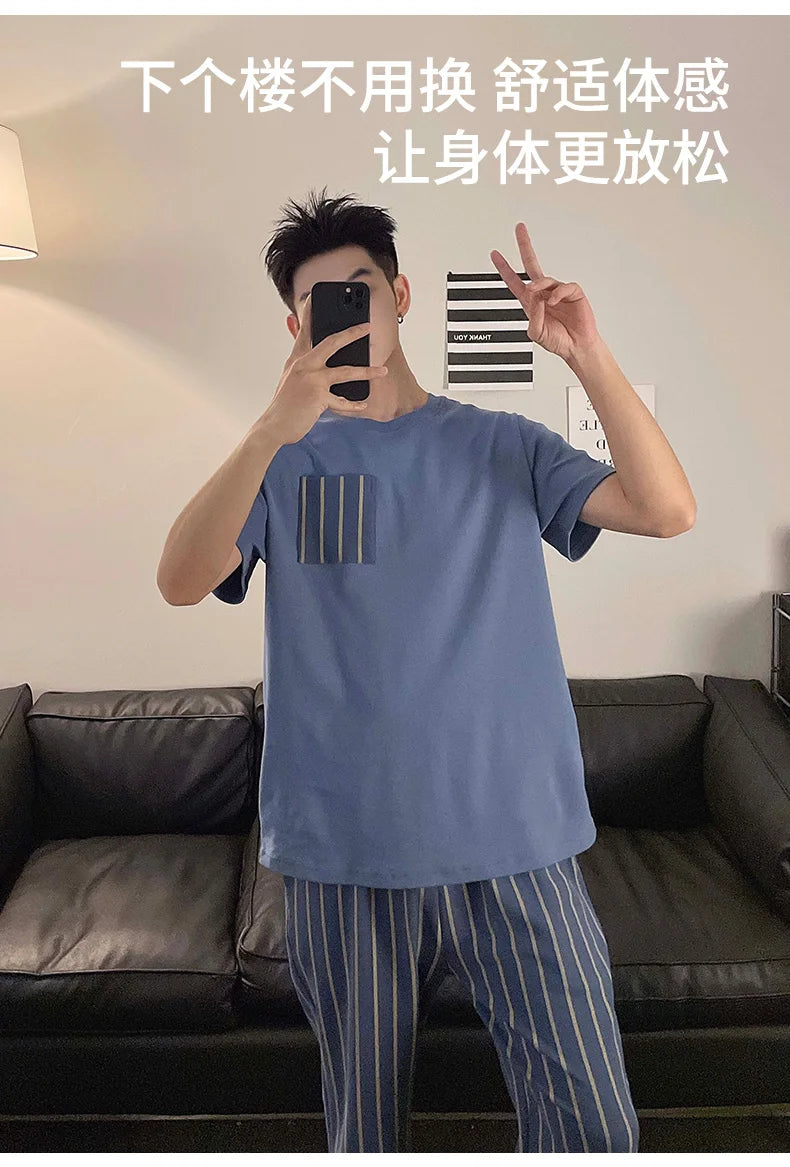 Summer Knitted Plaid Cool Mens Pyjamas Pajamas Casual Pjs Lounge Sets.