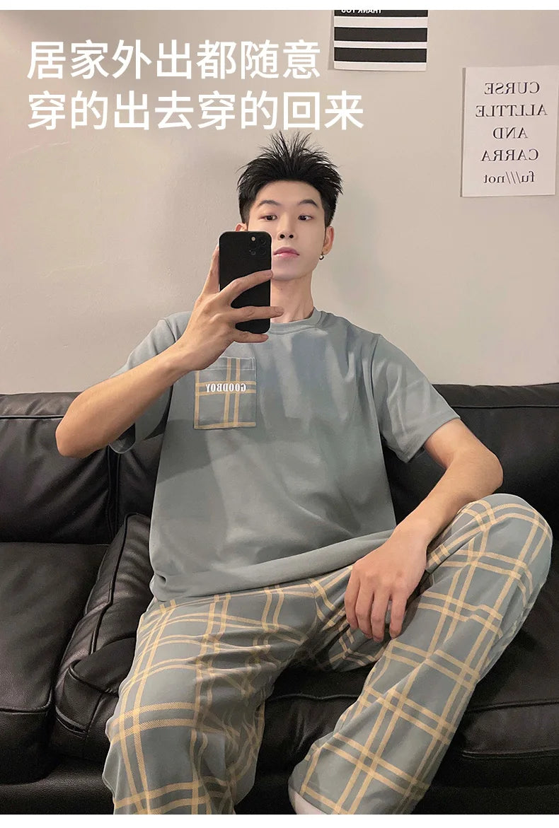 Summer Knitted Plaid Cool Mens Pyjamas Pajamas Casual Pjs Lounge Sets.