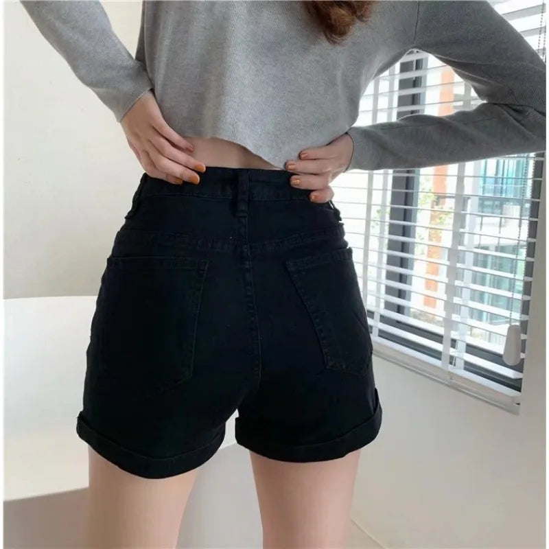 Denim Shorts Female Jeans Summer New High Waist Loose Fit Black Slimming.