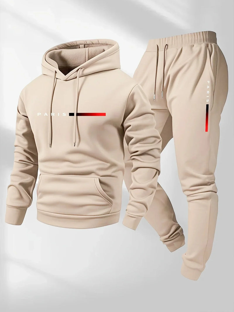 Print Sweatshirt Suit Men's Fleece Hoodie Pants Set Spring Autumn Winter.