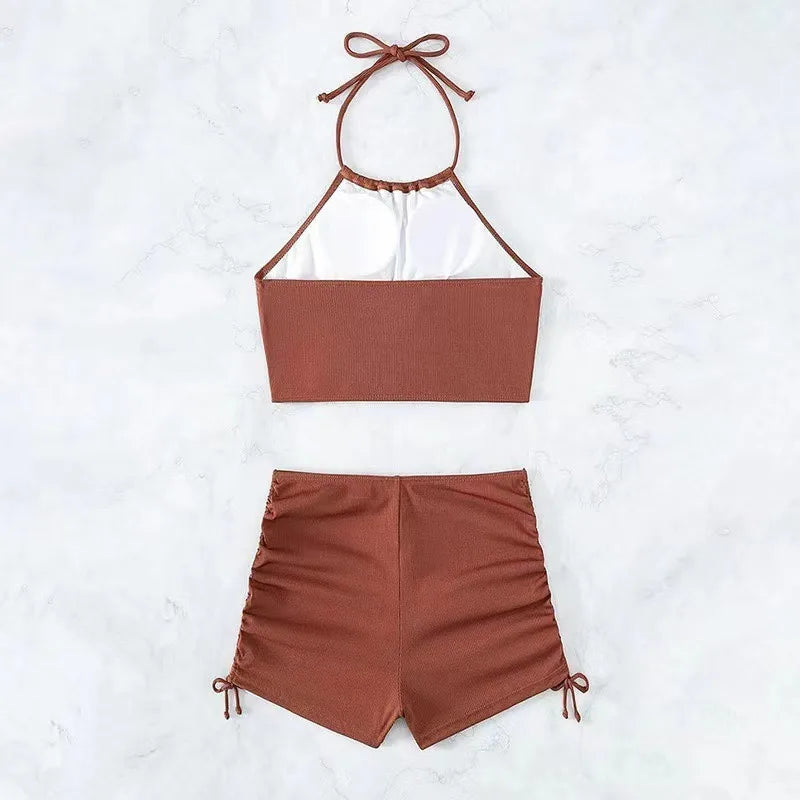 Solid Color Halter Neck Bikini Separate Swimwear Women's Sexy Strapless.