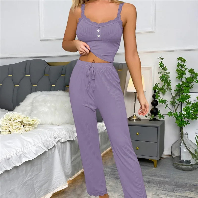 Autumn Winter Two Pieces Pajamas Set for Women Sleepwear.