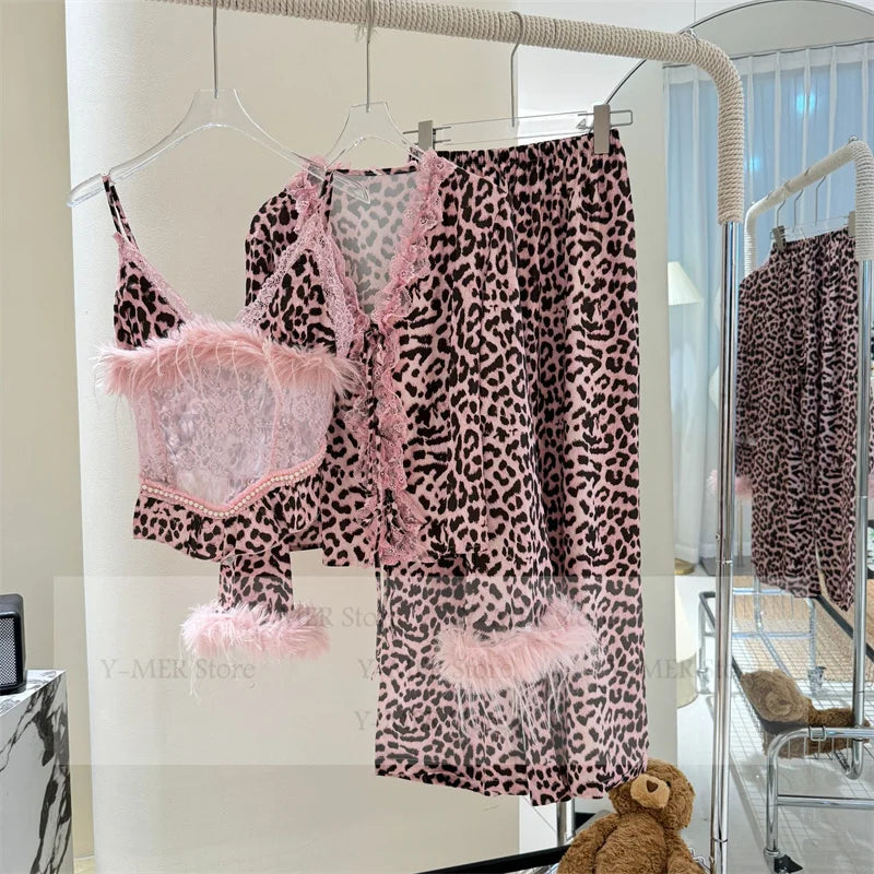 Sexy Pink Leopard Pajamas 3Pcs Sling Top Cardigan Pants Luxury Plush Trim.
