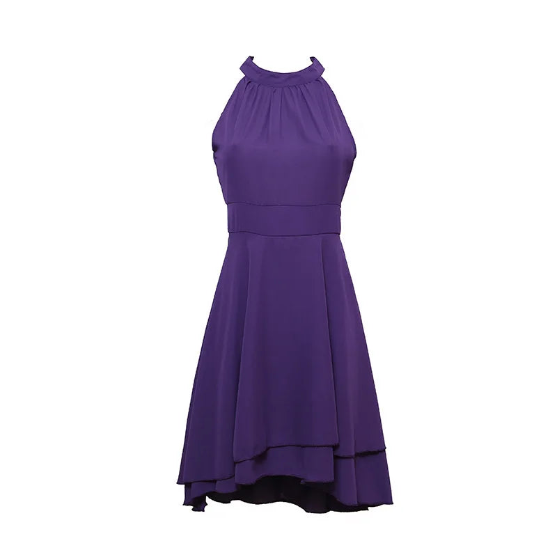 Women’s Elegant Dress Summer Solid High Waist Halter Sleeveless Midi Dresses.