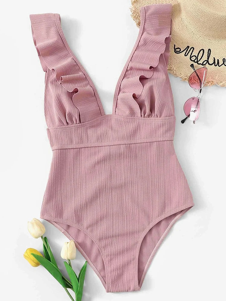 Sexy Ruffled Swimsuit One Piece Women Swimwear.